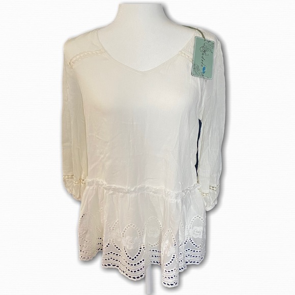 White Bohemian Eyelet Detail Peasant Peplum Blouse - Picture 8 of 8